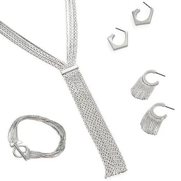 NINE WEST Mod/Contemporary Shiny Silver Fringe Chains Hoop Earrings**NEW! - Picture 3 of 3